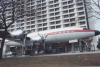 A Constellation aircraft that was a fixture in front of the East Tower, and apparently used as a conference room.  This photo was taken around 1996.  The aircraft was later moved to the Pearson Airport and then became a lunch diner.